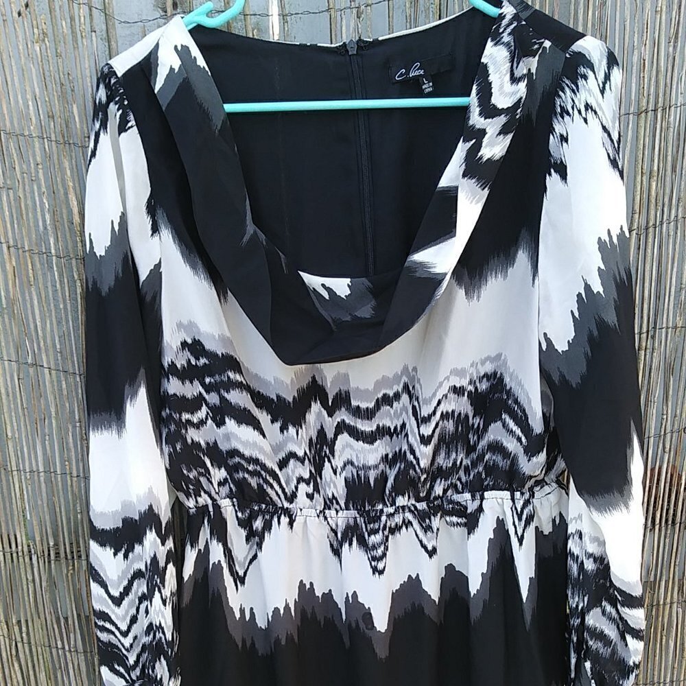 C. Luce Black & White Scoop Neck Long Sleeve Women's Dress - L